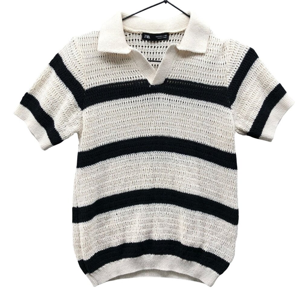 Zara Kids 9-10 Striped Open Knit Polo Shirt Sweater Ivory Black Short Sleeve
